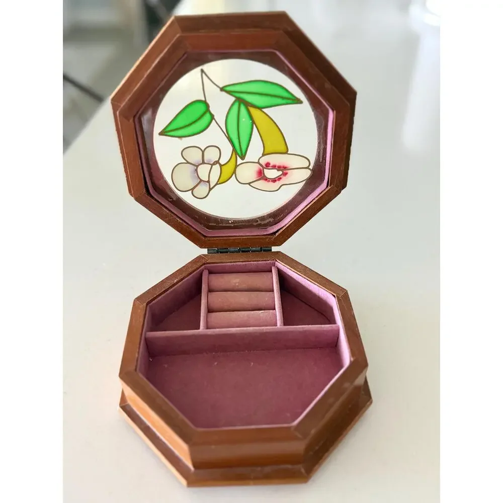 Vintage Octagonal Wood Jewelry Ring Box Hand Painted Floral Glass Lid Pink